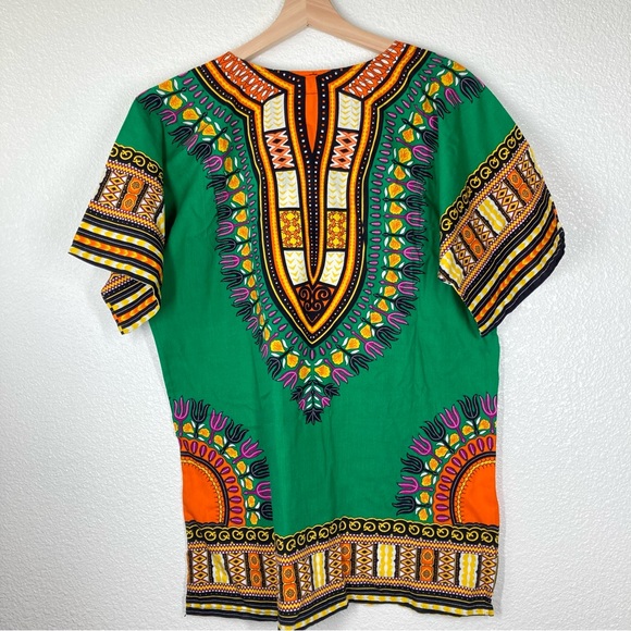 Dashiki Shirt African Print Large Green Short Sleeves Unisex top Festival - Picture 12 of 13
